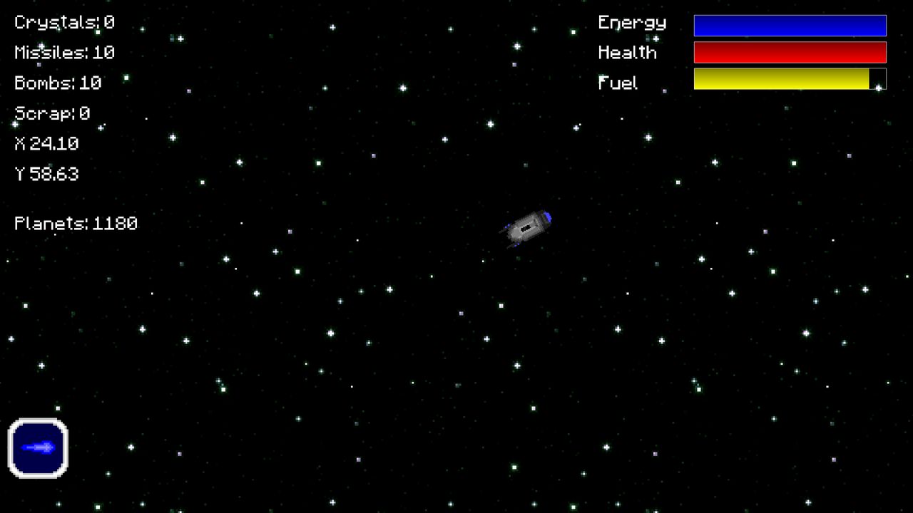 Gameplay: a small ship on a black starfield, with a text list of variables in the top-left corner and Energy, Health and Fuel bars top-right.