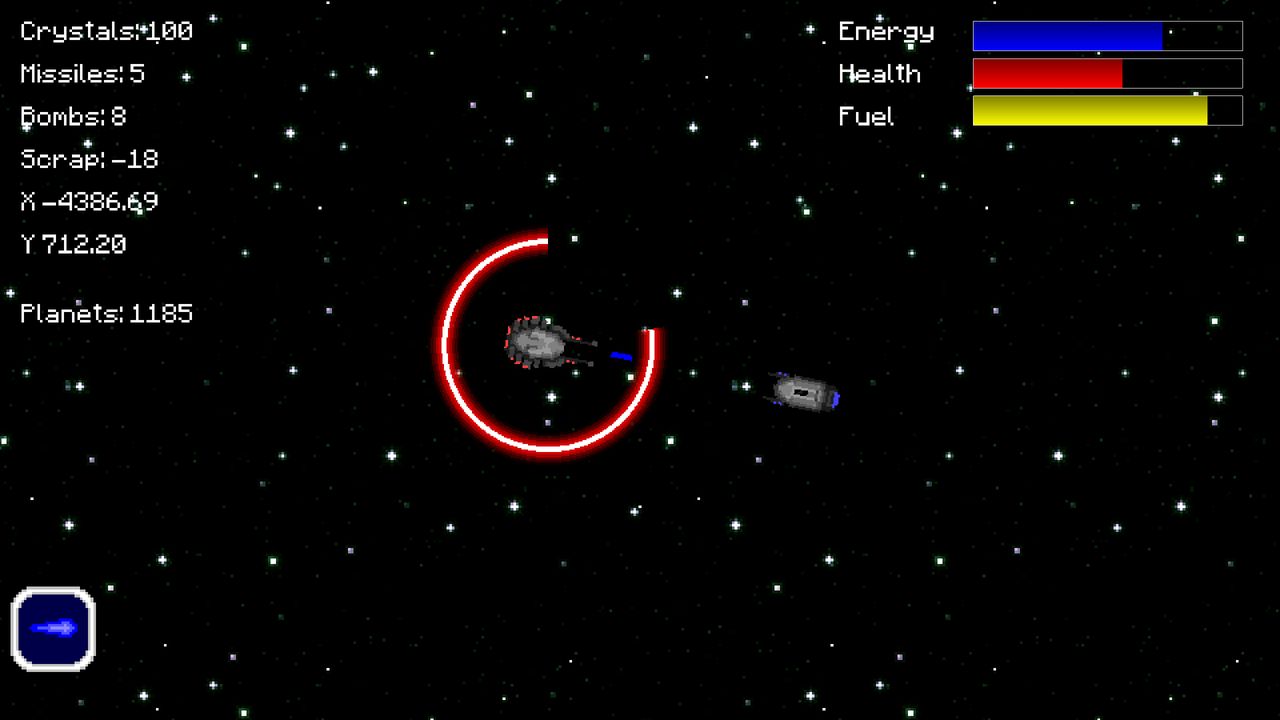 The ship next to a small asteroid encircled by a red arc showing mining progress.