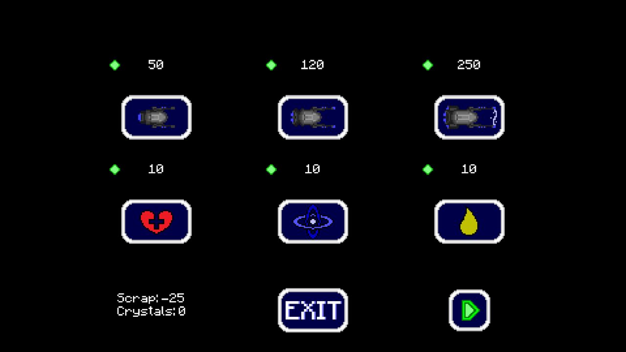 A shop screen showing three ships priced at 50, 120 and 250 crystals, with health, energy and fuel refills priced at 10 each.