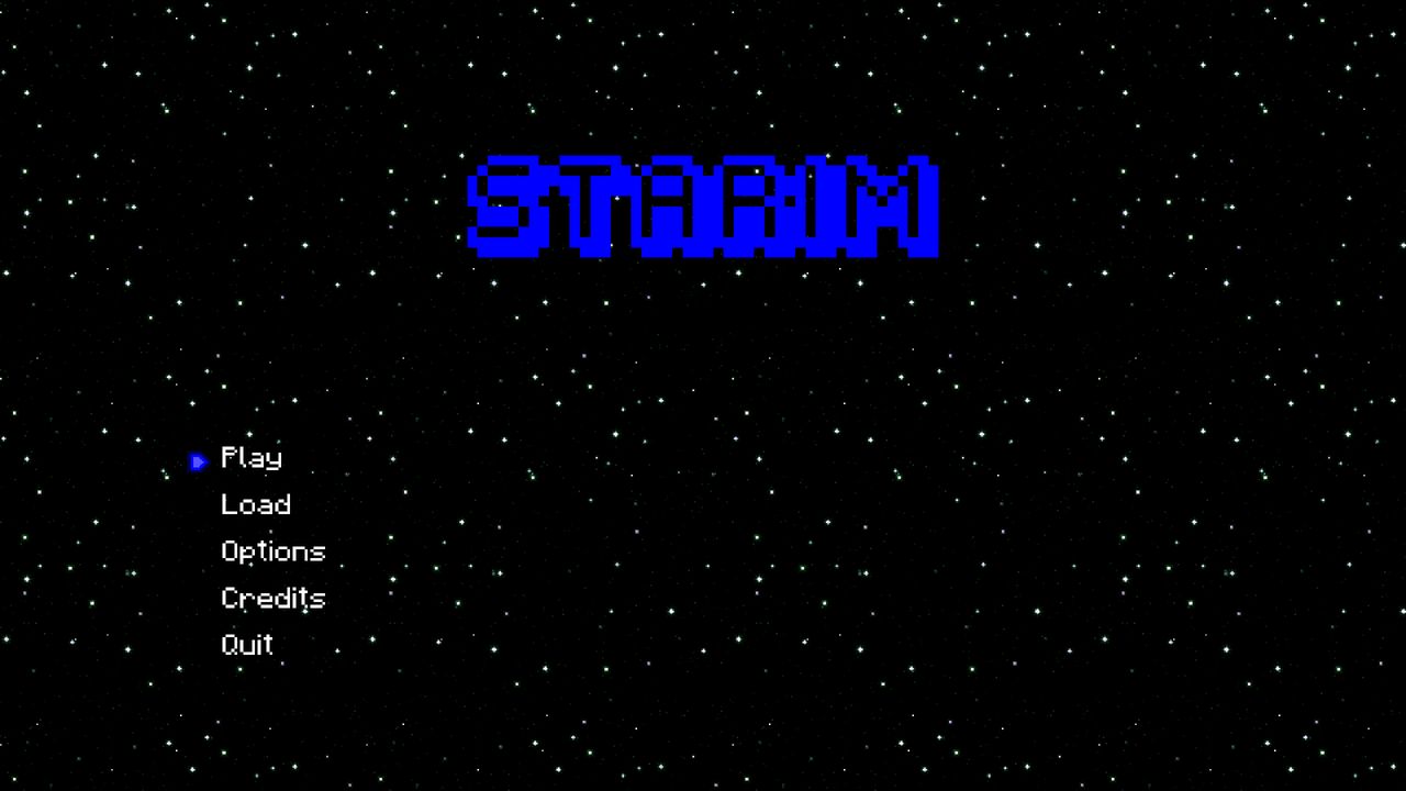 The Starim title screen: the word STARIM in blue blocky pixel letters over a plain starfield, above a menu reading Play, Load, Options, Credits, Quit.