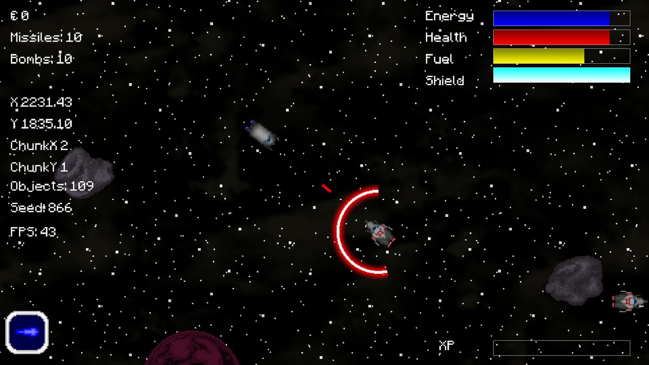 The ship mining an asteroid with a red progress arc, with other asteroids and a second ship nearby.