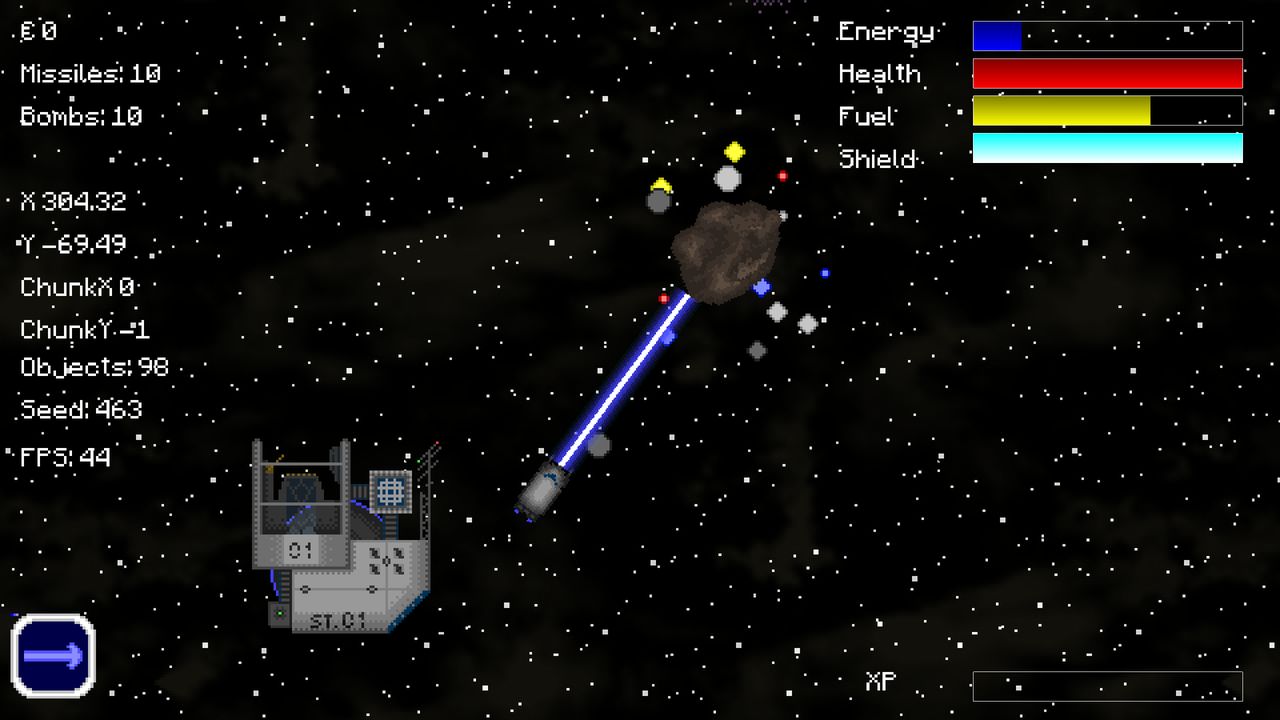 A blue mining beam running from the ship to an asteroid, which is shedding small coloured ore fragments.
