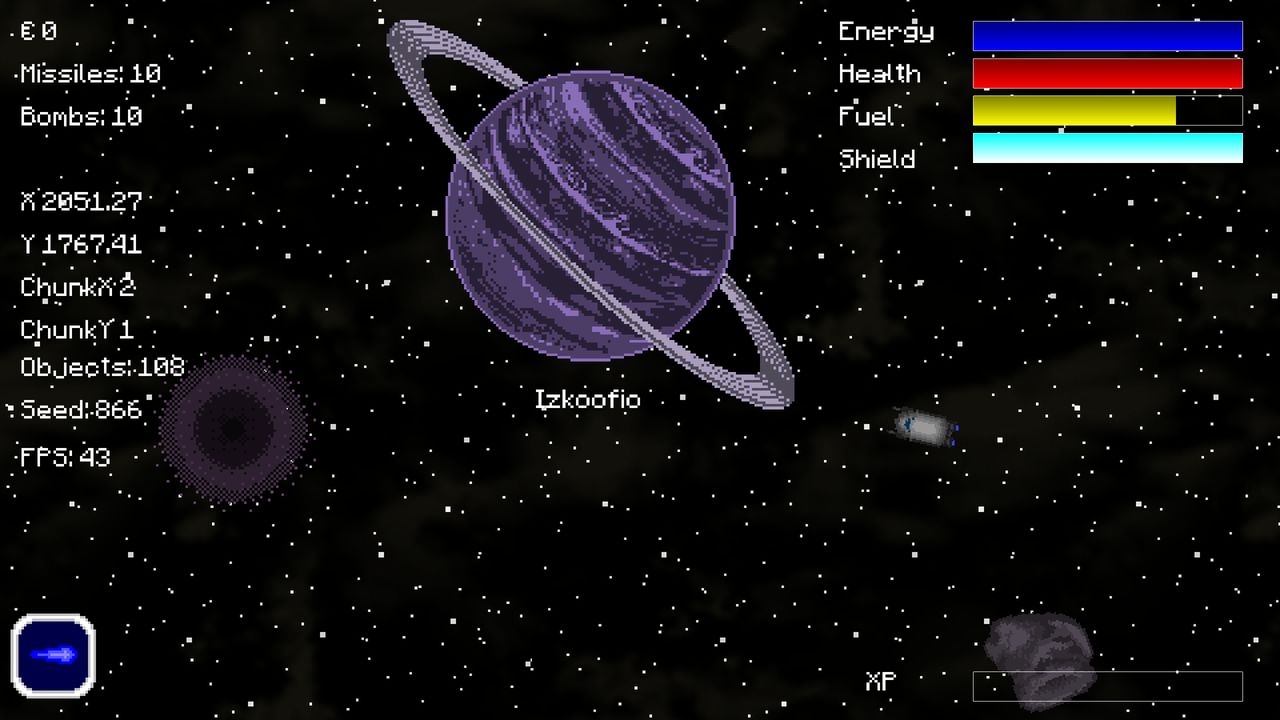A large purple ringed planet labelled Izkoofio, with the player ship small beside it.