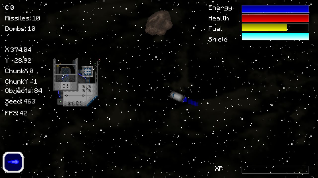 Gameplay showing a detailed space station marked ST.01, an asteroid, and a debug readout listing ChunkX, ChunkY, Objects, Seed and FPS.