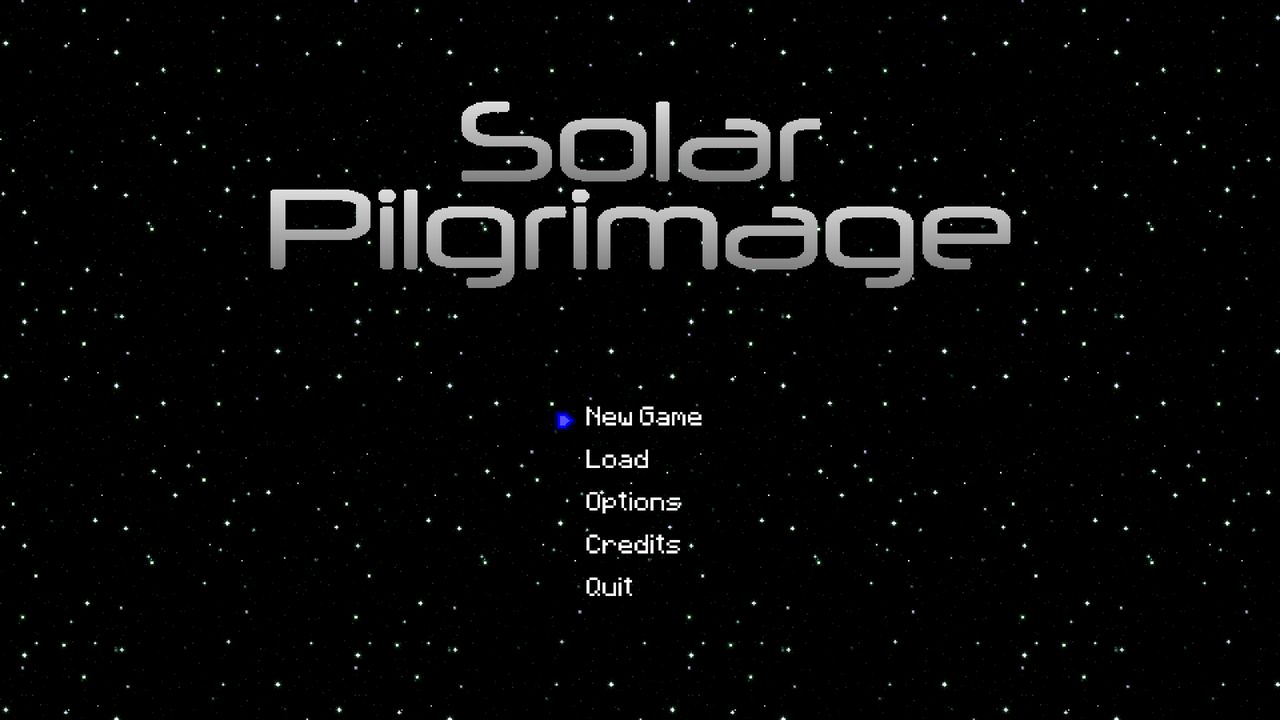 The Solar Pilgrimage title screen: a smooth grey two-line wordmark over a starfield, above a menu.