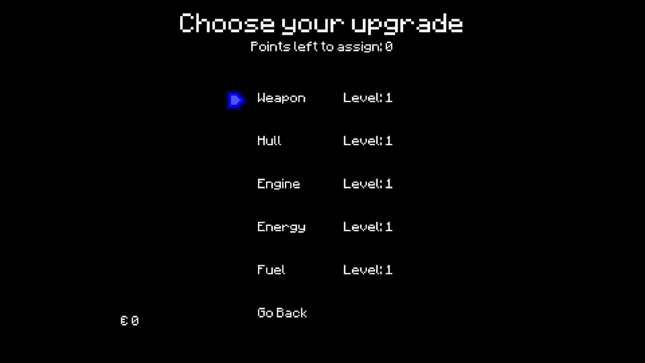 An upgrade screen headed Choose your upgrade, listing Weapon, Hull, Engine, Energy and Fuel, each at Level 1.