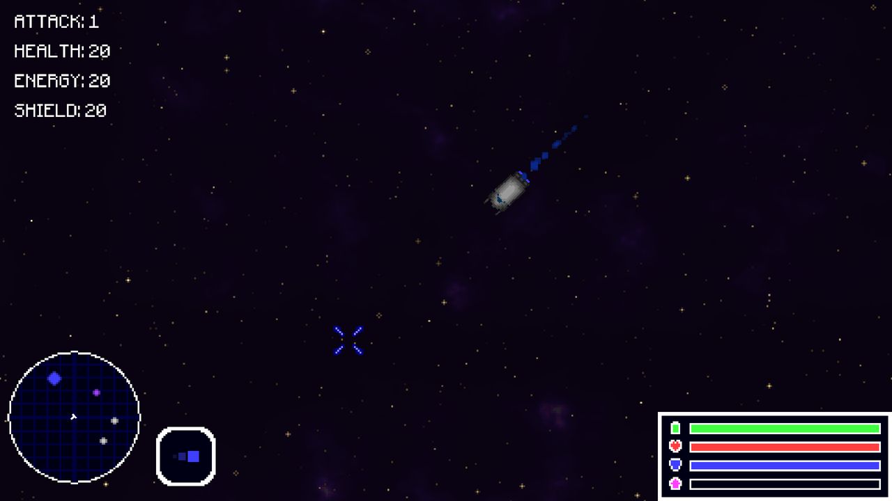 Gameplay with the debug text gone, replaced by a circular minimap bottom-left and a framed stack of status bars bottom-right, over a starfield with coloured dust.