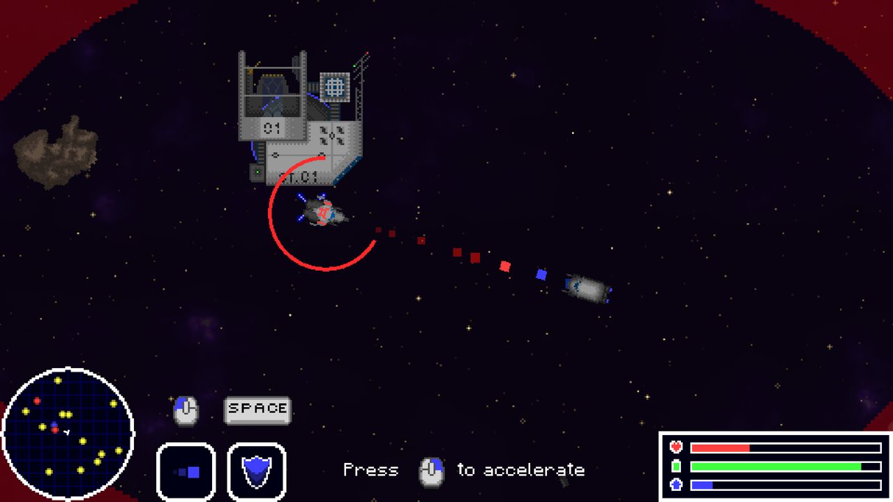 Gameplay near a space station with red and blue projectile trails, a red vignette at the screen corners, and an on-screen prompt reading Press to accelerate.