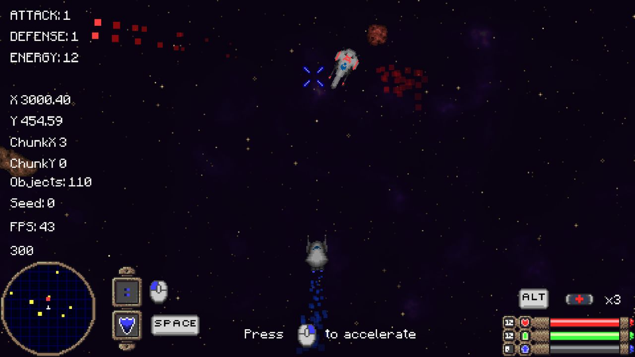 Gameplay with the debug readout switched back on, showing chunk coordinates, an object count of 110 and a framerate of 43.