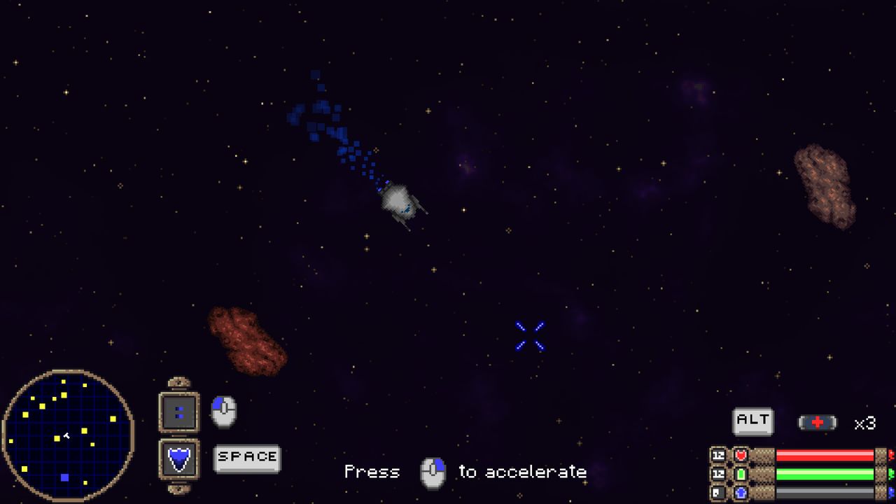 Gameplay with a brass-rimmed circular minimap, ornate framed status bars, and a missile counter reading times three.