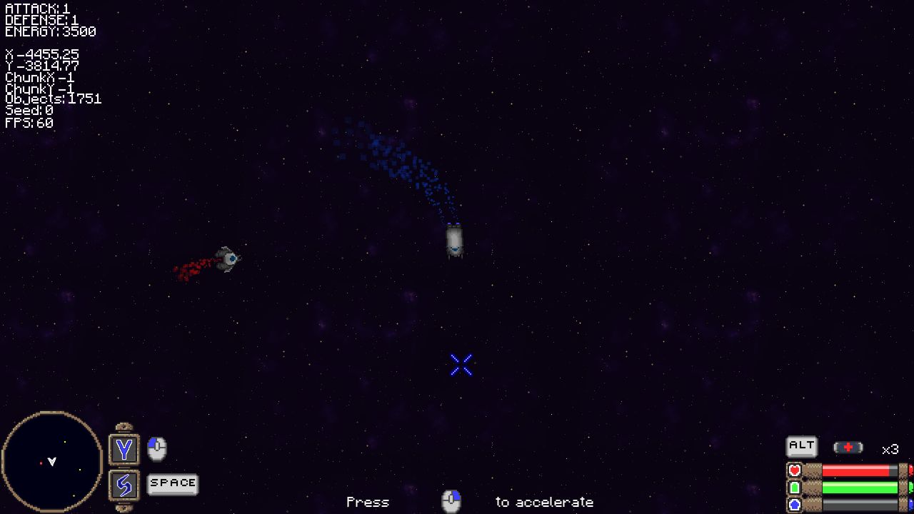 Combat: the player ship firing a stream of blue projectiles at a red enemy ship.