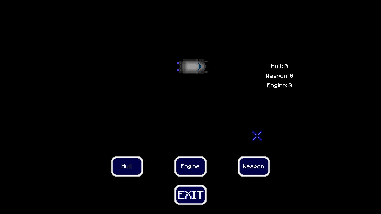 A ship fitting screen showing the ship in the centre, a readout of Hull, Weapon and Engine values, and buttons for Hull, Engine and Weapon.