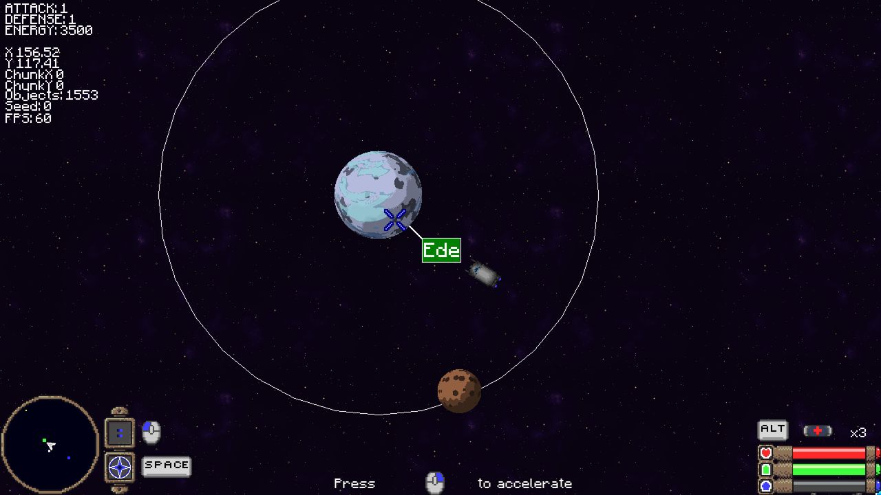 A planet labelled Ede sitting on a drawn white orbital ring with a reddish moon further along the same ring, the debug readout showing 1553 objects at 60 frames per second.