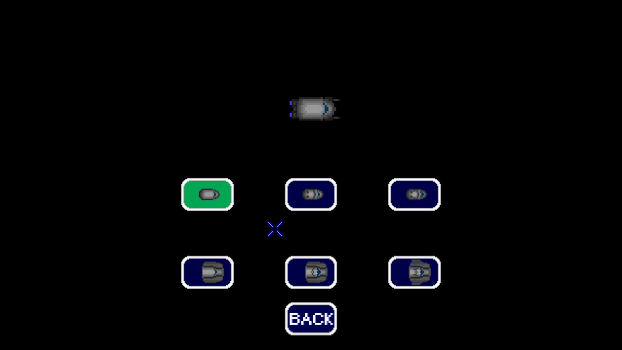 A grid of six selectable ship part slots, the first highlighted green, with a Back button.