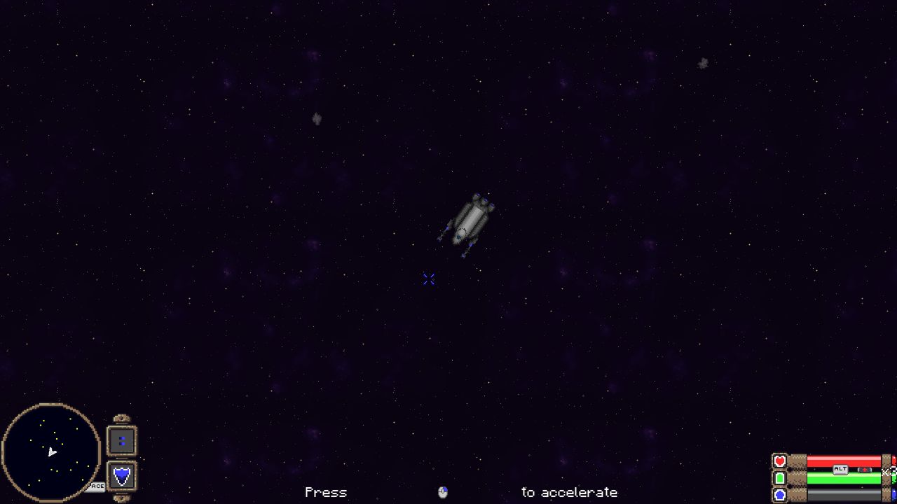 A player ship flying through empty space, seen at a distance against a plain starfield.