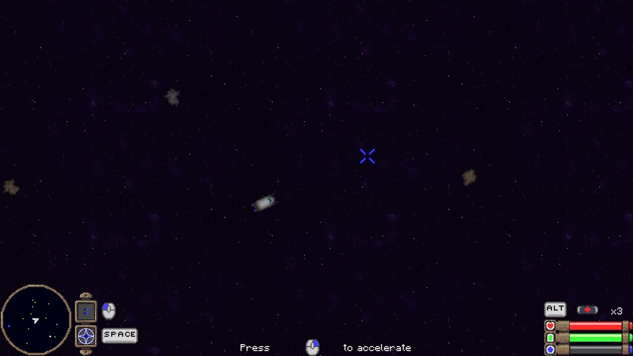A third player ship variant flying past small distant asteroids.