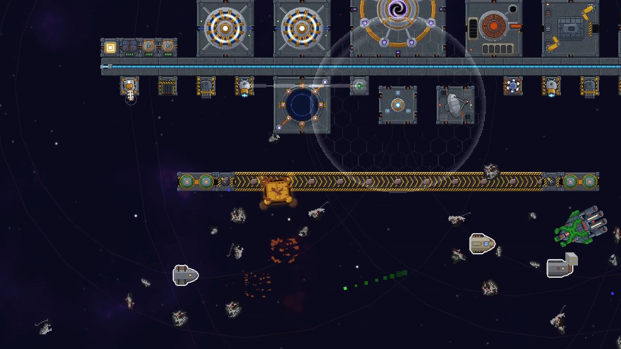 A Warden raid on a base: turrets, drones and a shield bubble defending the core.