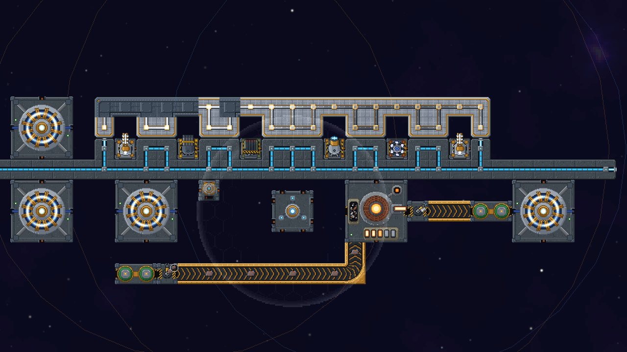 A working base: belts carry ore through extractors into a smelter, conduits lit, shield walls on the right.