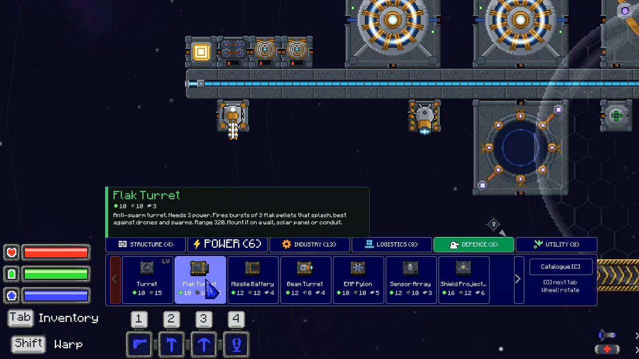 The build bar open on the Defence tab, placing a flak turret on the wall.
