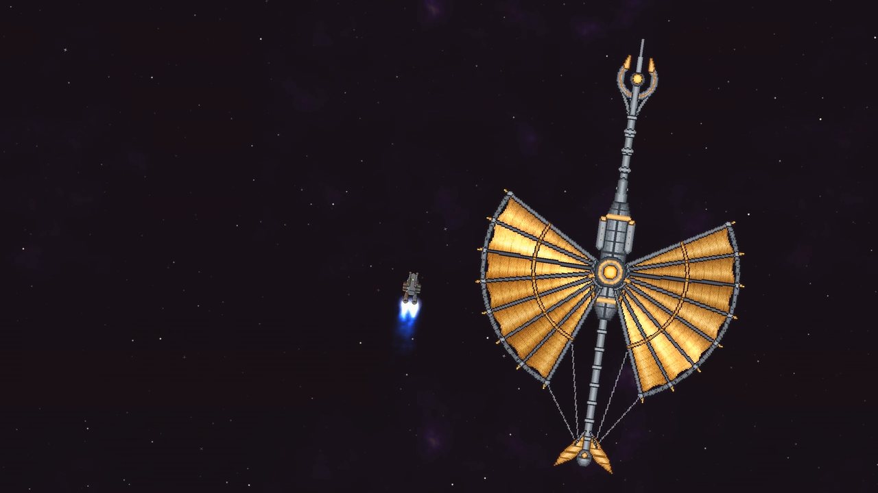 A Solvane, one of the ancient alien structures, with the player ship passing.