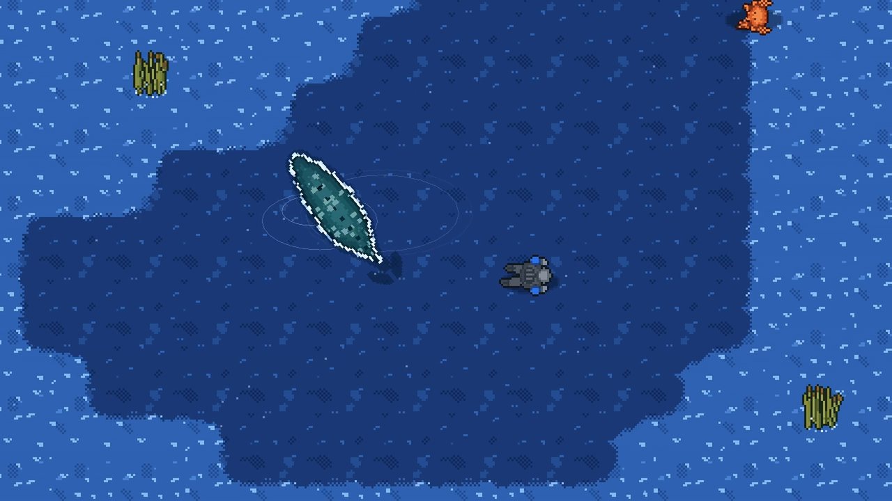 On foot on an ocean world, with a Tide Leviathan in the water.