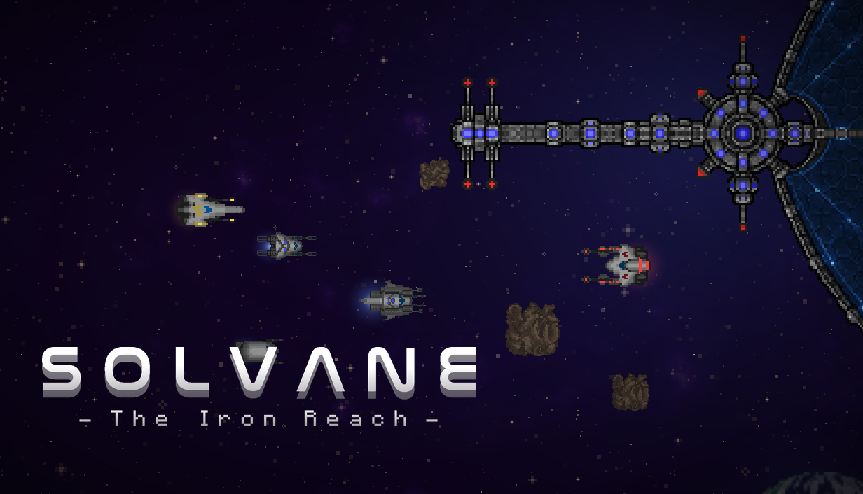 Solvane: The Iron Reach key art — the player ship and two wingmen flying past an enormous orbital structure over a starfield.
