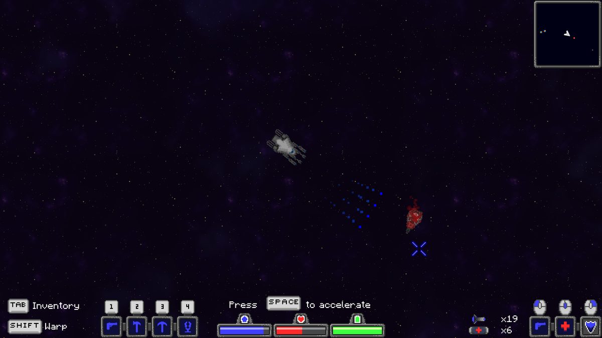 Combat: the player ship firing on a red enemy, projectiles trailing across the starfield.