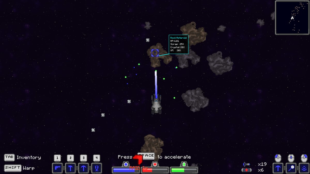 The ship mining a rock asteroid, with a readout showing hit points, scrap yield, crystal yield and experience.
