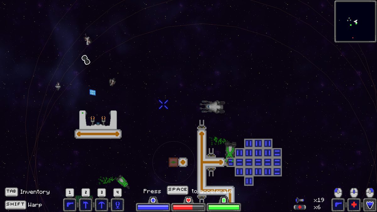 A base under construction: solar arrays, conduits running to turrets, asteroids and drifting wrecks nearby.